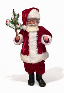 Antique German Belsnickle Santa  Candy Container:  19": Large Early German Papier Mache Belsnickle Santa Claus Two Piece Candy Container. Santa with paper mache face, fur beard, felt clothes and composition hands holding a feather tree sprig. Body of molde