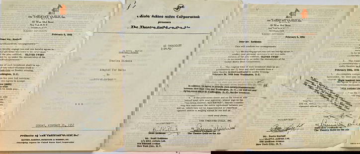 Theater Guild Contracts Signed By Boris Karloff And Basil Rathbone, Washington, D.C. 1952: Radio Version of OLIVER TWIST. Original typed script contracts hand-signed in ink by Boris Karloff and Basil Rathbone between the Theater Guild, Inc for their services on a radio version of Oliver Twi