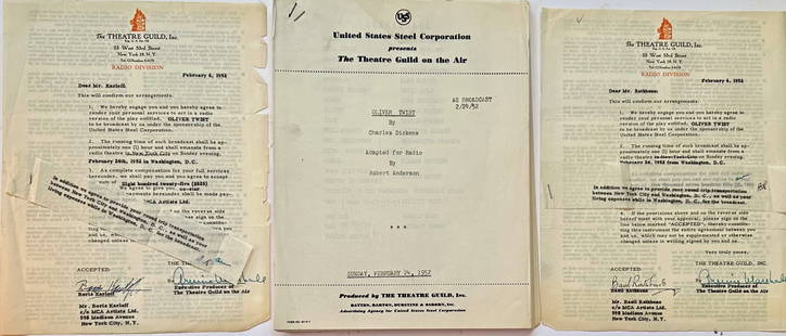 Theater Guild Contracts Signed By Boris Karloff And Basil Rathbone, Washington, D.C. 1952: Radio Version of OLIVER TWIST. Original typed script contracts hand-signed in ink by Boris Karloff and Basil Rathbone between the Theater Guild, Inc for their services on a radio version of Oliver Twi