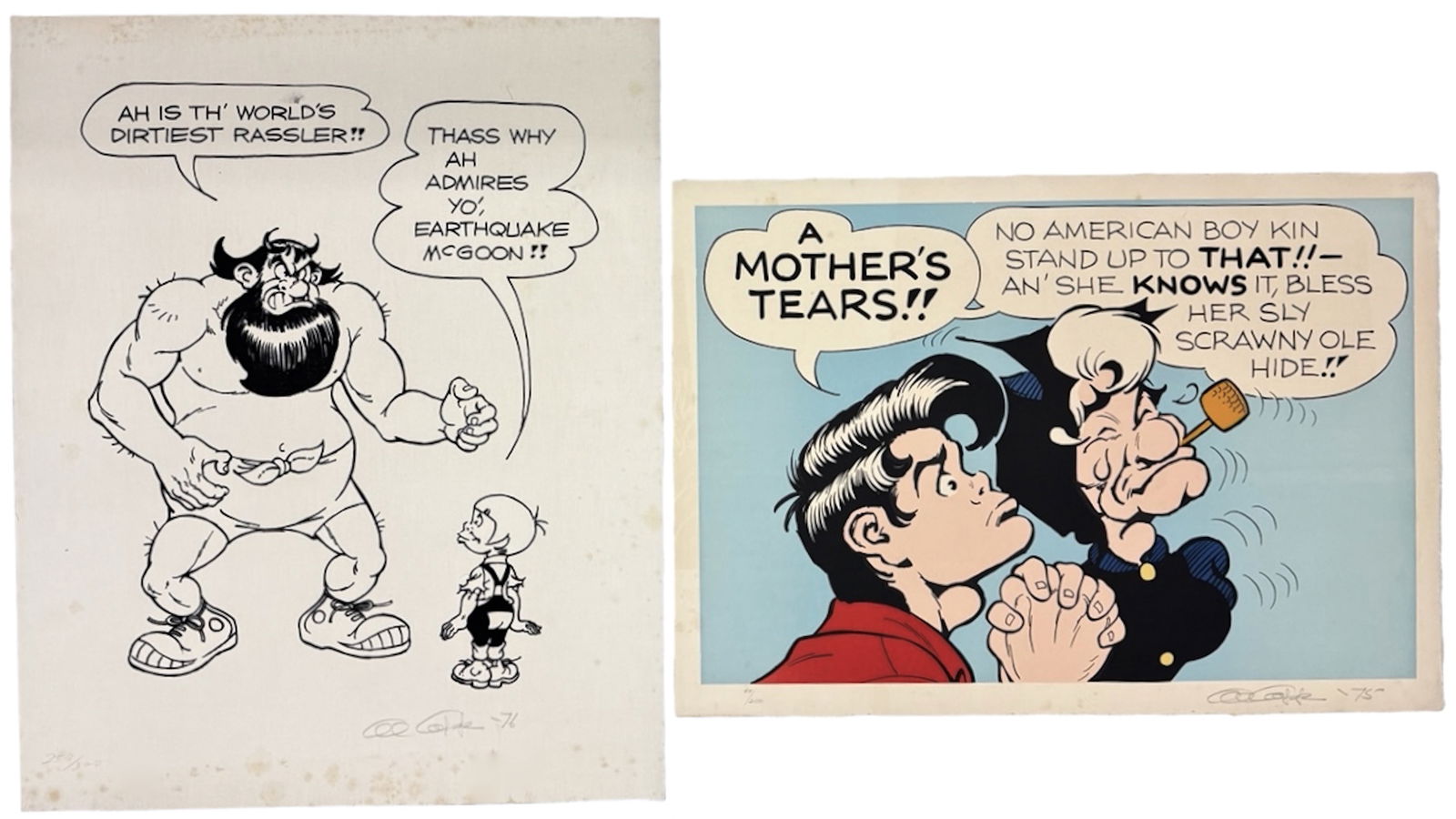 Al Capp (American,1909-1979) EARTHQUAKE McGOON & MAMMY YOKUM: Li'l Abner and His Hillbilly Clan. American Cartoonist Alfred Gerald Chaplin (aka Al Capp). Two limited edition serigraphs, pencil signed, numbered and dated by Al Capp, on linen paper. 1) A Mother's