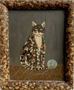 Ben Shute (Georgia/American, 1905-1986)  Primitive Folk Art Cat Painting On Wood Panel: Cat With Ball Of Yarn. Primitive folk art oil painting, signed by the artist, Ben Shute (lower right). Oil on wood panel. Dimensions: framed: 11 1/2 inches x 9 1/2 inches, wood panel: 10 inches x 8 in