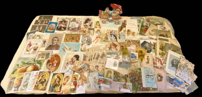 Victorian Era Collection Of Trade Cards, Postcards And More (220+): Victorian Ephemera. Large vast collection of Victorian Era advertising trade cards, holiday cards, post cards and additional ephemera. Color illustrated advertisements and cards. Approximately 220+ mi