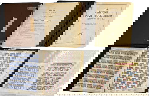 American Stamp Albums Of Mint Blocks, Full Sheets & Commemoratives (300+): Collection of American U.S. Postal Albums of Mint Sheets and Plate Blocks. Includes: Album: United States Of America, 1951-1961 mint numbered plate blocks. Album: United Nation American Postal Mint St