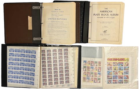 American Stamp Albums Of Mint Blocks,  Full Sheets & Commemoratives (300+): Collection of American U.S. Postal Albums of Mint Sheets and Plate Blocks. Includes: Album: United States Of America, 1951-1961 mint numbered plate blocks. Album: United Nation American Postal Mint St