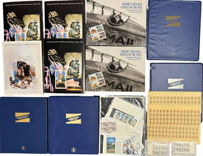 Albums Of Unsorted American Mint Stamps, Plate Blocks, Sheets & Commemoratives (175+): Collection of four albums of American mint stamps and more. Includes: Presidential United States Mint Sheets Album. Album of American Mint Stamps and numbered mint plates. Album of Mint Blocks, sheets