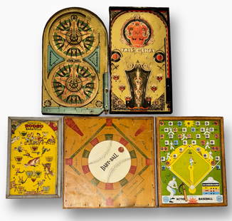 Vintage Toy Board Games 1930s (5): Collection of five vintage toy game boards. LINDSTROM'S GOLD STAR GAME (1934) Marble Game Toy. TRIK-E-SHOT (1936) Pinball Game, pressed steel. DART BALL (1930) Wolverine Supply Company. RODEO BAGATELL