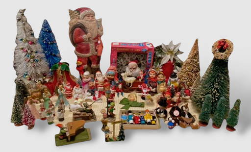 Large Vintage Collection Of Christmas Ornaments & Decorations (70+): CHRISTMAS. Collection of assorted vintage Christmas ornaments and decorations. Santas, Elves, Angels, Great Bottle Brush Trees, Ornaments, Musical Bells and More. Collection of 70 plus. Please view de