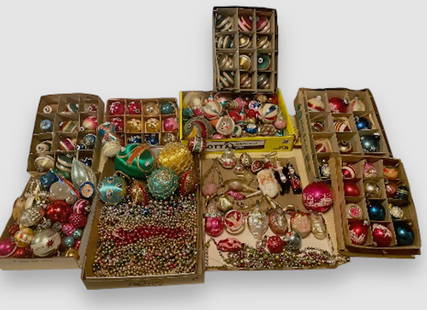 Antique & Vintage Collection Of Christmas Ornaments (75+): Large Grouping of Assorted Antique and Vintage Christmas Ornaments. Consists of Figural, Shiny Brite, Antique Glass Garland, Original Boxed Glass Ornaments, Vintage Santa, Angels, Birds and so much mo