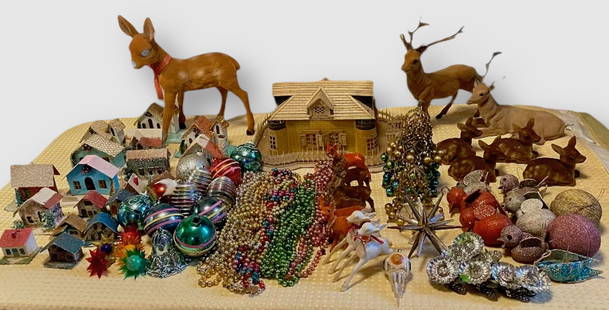 Collection Of Assorted Vintage Christmas Decorations (70+): Vintage Collection of Assorted Christmas Items. Approximately 70+. Consists of flocked dear, birds, decorated trees, early plastic Christmas balls, German & Japanese putz houses, glass ball garland, G