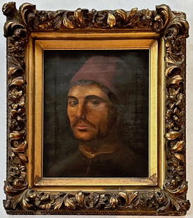 19th Century Italian School Oil Painting: Italian 19th Century Framed Oil Painting. Portrait of a man. Oil on canvas. Housed in original gilt wood carved frame. Dimensions: framed: 18 inches x 16 inches, canvas: 12 inches x 10 inches. Good or