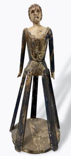 Large Vintage Articulated Wood Santos Cage Mannequin Figure, H: 26 3/4": Bastidor Santo. Large Santos Cage Wood Doll Mannequin With Articulated Arms. Origin: Philippines. Height: 26 3/4 inches. Condition: good overall original estate condition, no repairs noted, consistent