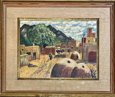 Southwest Pueblo Village Landscape Painting, S. B. Mordell, 1960s: Pueblo Village Landscape Oil Painting, signed by the artist, S. B. Mordell (American, 20th C.). Circa 1960s. Framed oil on canvas board. Dimensions: framed: 19 1/2 inches x 23 3/4 inches, canvas board