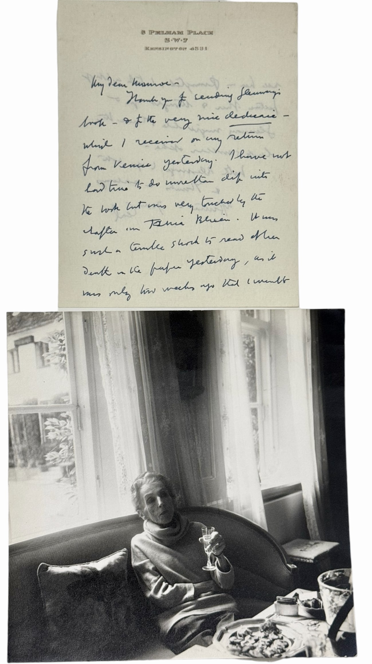 Cecil Beaton Handwritten Letter And Photograph Of Author Karen Blixen (Isak Dinesen) 1962: Cecil Beaton-Isak Dinesen. Photographer Cecil Beaton (British, 1904-1980). Author Karen Blixen (1885-1962) pen name Isak Dinesen (author of OUT OF AFRICA, 1937). Cecil Beaton letter handwritten in ink