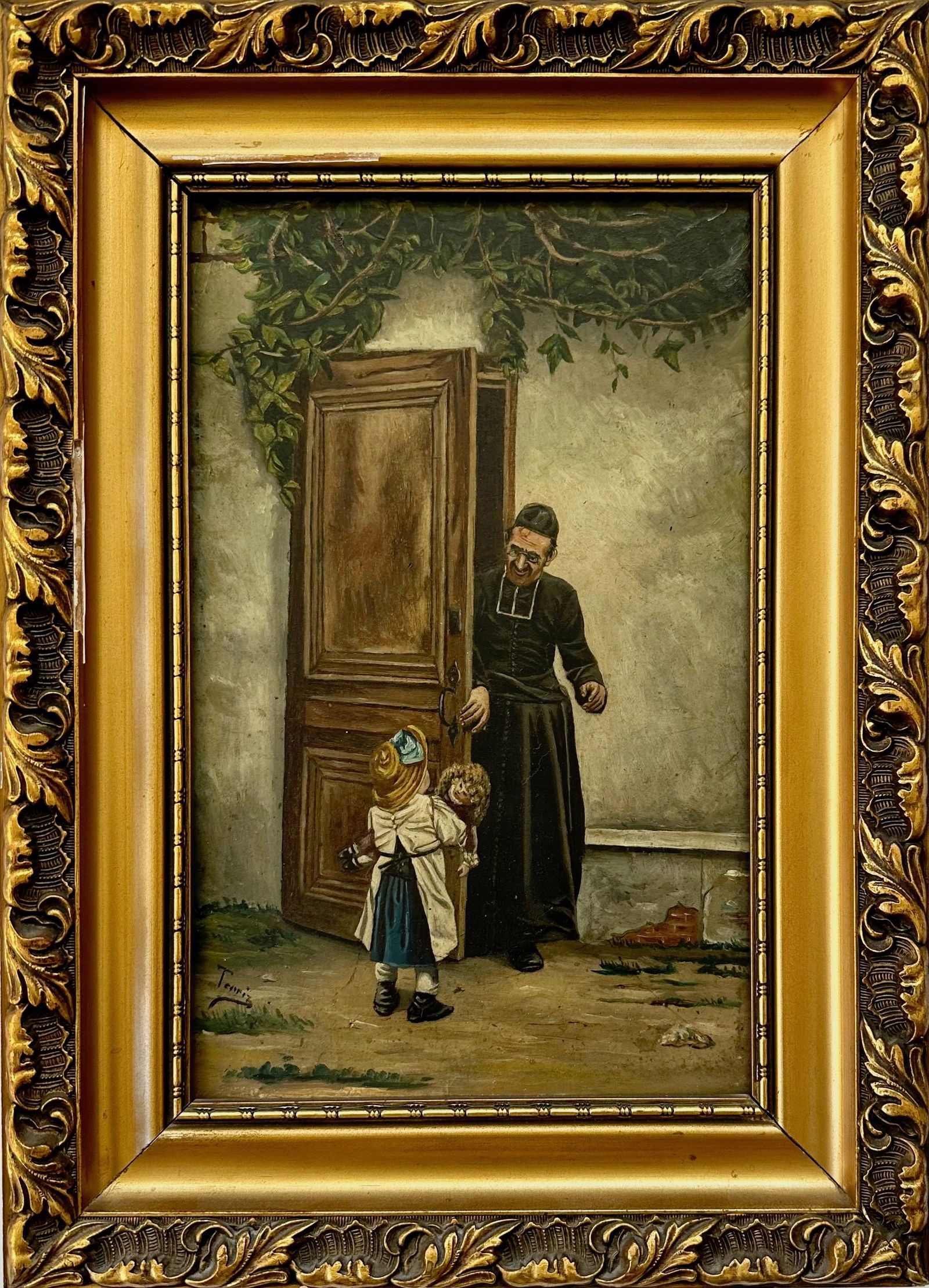 19th C. Continental School Genre Oil Painting On Wood Panel, Signed: 19th Century European genre painting, signed by the artist (lower left). Image of clergy with young child holding her doll. Oil on wood panel. Housed in gilt wood frame. Dimensions: framed: 15 1/2 in.