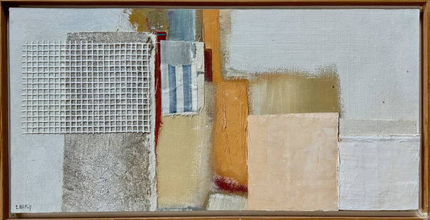 American Abstract Collage Oil Painting, Eugene Healy: Eugene Healy (American, b. 1948).American abstract fabric collage oil painting, signed by the artist, Eugene Healey (lower left).Framed mixed media collage, oil on canvas.Dimensions: framed: 12 1/2