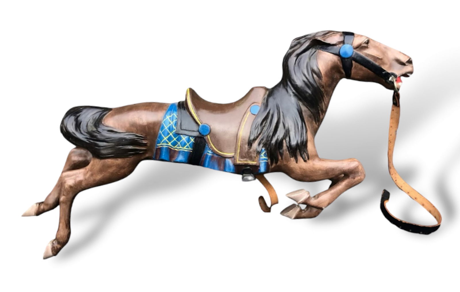 Vintage Cast Iron Painted Jumper Carousel Horse: Early 20th Century Cast Iron Painted Carousel Horse. Inner row leaping horse. Approximate dimensions: length head to tail: 45 inches., height: 22 inches., width: 7 inches. Condition: good original vin