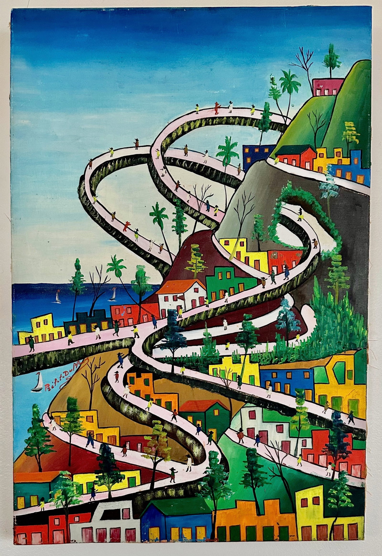 Prefete Duffaut (Haitian, 1923-2012) IMAGINARY CITY: Imaginary City. Prefete Duffaut (Haitian/Jacmel,Haiti, 1923-2012). Original Haitian painting signed by the the Haitian Master, Prefete Duffaut. Depicts urban life in a fantastical city landscape. Oil 