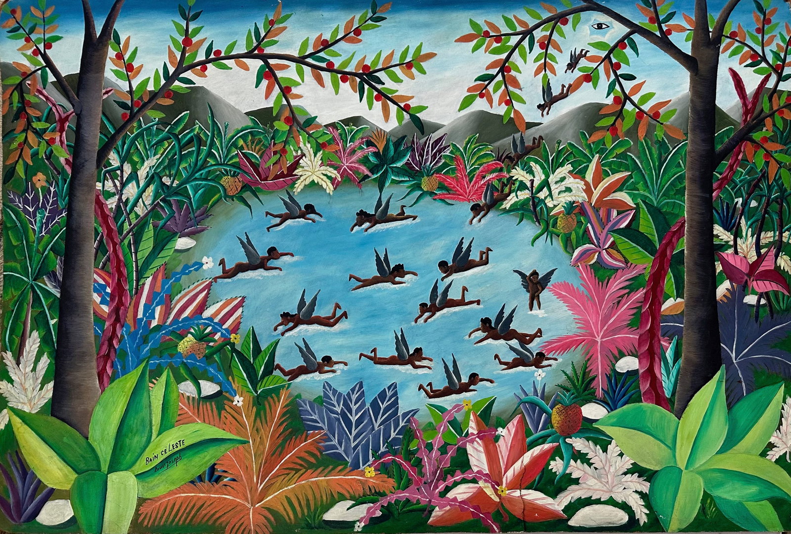 Joseph Louis (Haitian, 1932-2007) Painting CELESTIAL BATH: Haitian Master Artist Joseph Louis Original Oil Painting. Signed by the artist, Joseph Louis (view photo). Depicts Voodoo Spirits Above The Celestial Bath. Oil on board. Dimensions: 24 inches x 36 inc