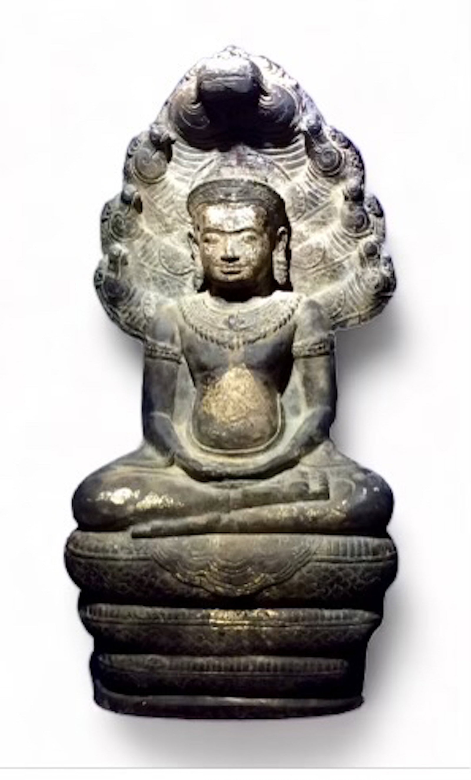 Khmer Bronze Buddha Muchalinda, Cambodia: Finely cast and incised bronze with Buddha seated cross-legged in Dhyanasana on the coils of Muchalinda, beneath the seven-headed canopy of the Serpent King. Dimensions: 14 in. hgt. x 7 in. wd. x 3 1/