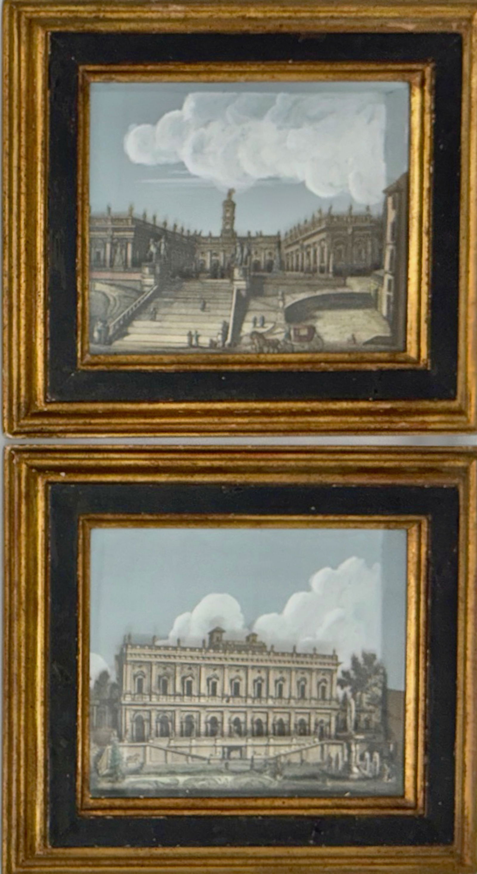 19th Century Framed French Dioramas With Hand-Colored Paper Cut-Outs: Villa Albani & Place du Capitole. Antique pair of French early 19th century dioramas with hand-colored engraved paper cut-outs and hand-colored background. View of Villa Albani and Place du Capitole.