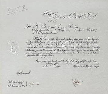 Majesty Queen Elizabeth II Signed Royal Navy Document, 1953: Royal Navy Certificate of Appointment, Hand-Signed by Elizabeth R to the Reverend James Dooley as Chaplain (Roman Catholic) in Her Majesty Fleet dated December 31, 1953 (view photo). Document signed b