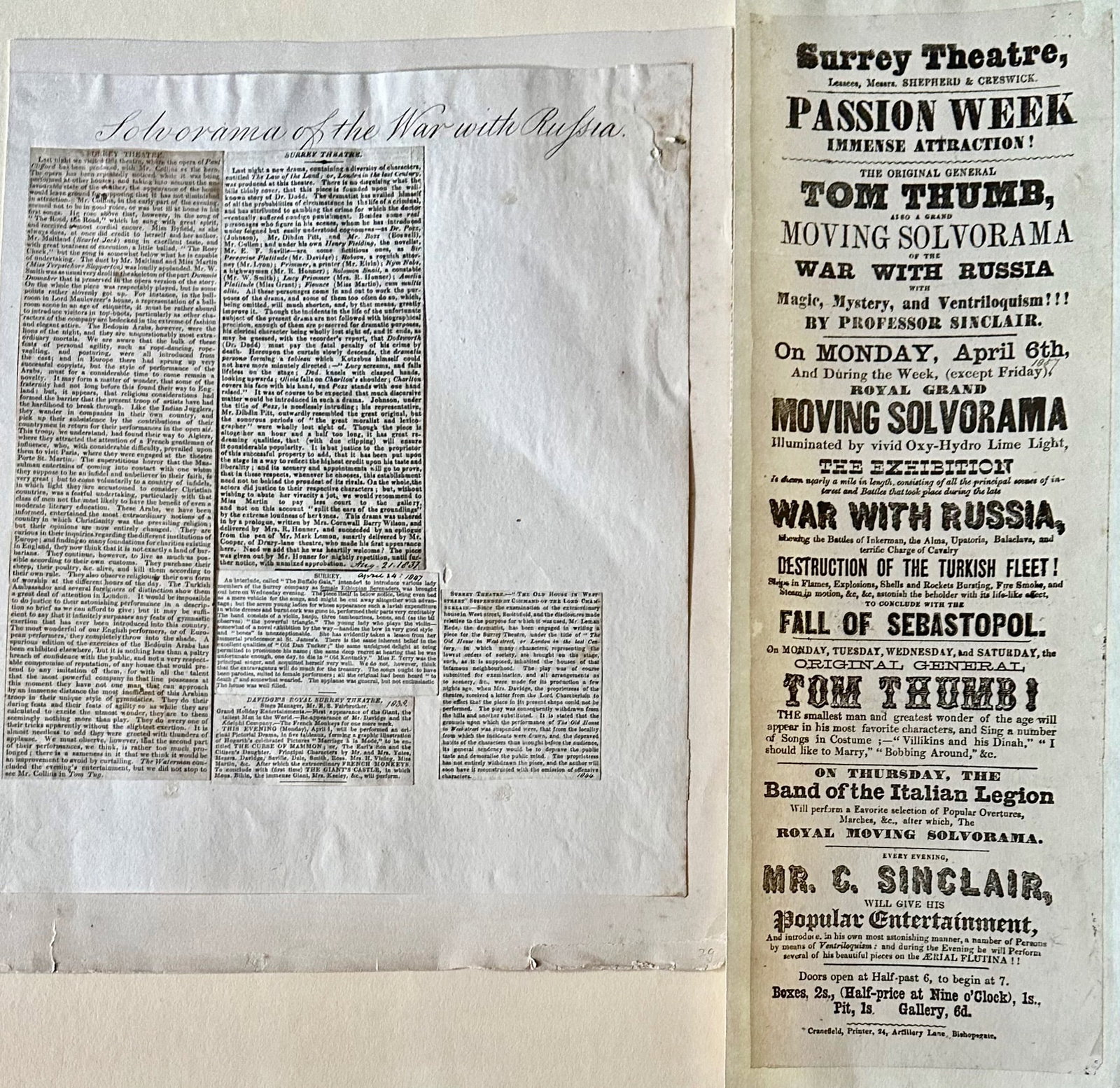 Original Playbill Advertising General Tom Thumb, Surrey Theater, London 1847: 19th Century playbill advertising the appearance of The Original Tom Thumb (Charles Sherwood Stratton) at the Surrey Theater, London 1847. Appearance of Tom Thumb on Monday, Tuesday, Wednesday and Sat