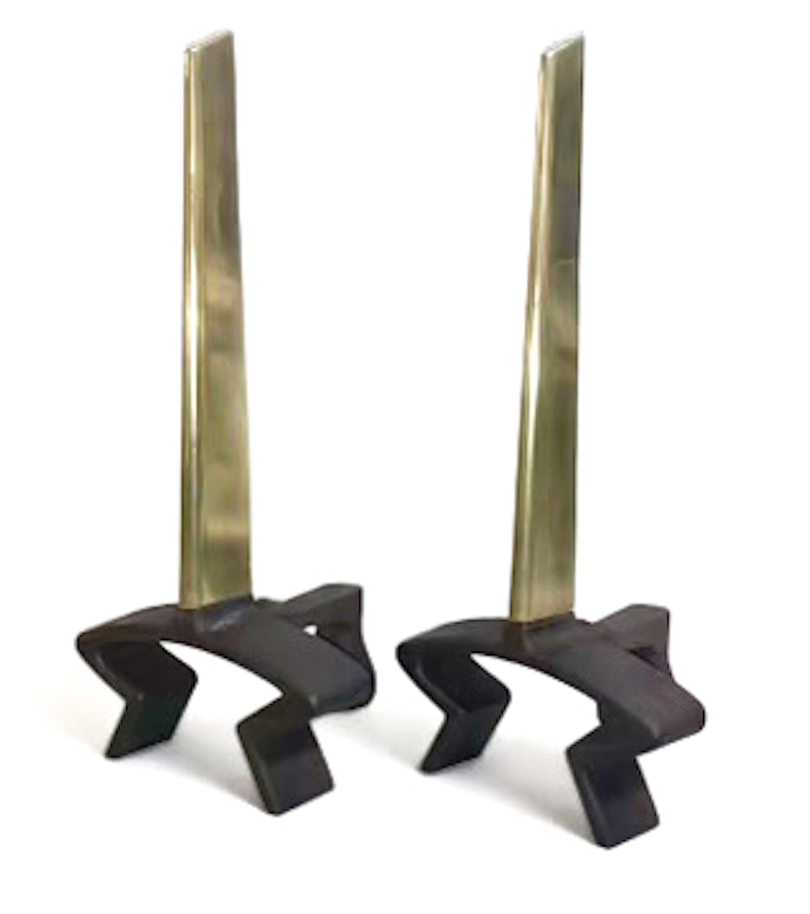 Donald Deskey Mid-Century Pair Of Iron And Brass Andirons: Designer Donald Deskey (American, 1894-1989). These Mid-Century Andirons were designed by the legendary industrial designer: Donald Deskey (The visionary behind Radio City Music Hall). Constructed of 