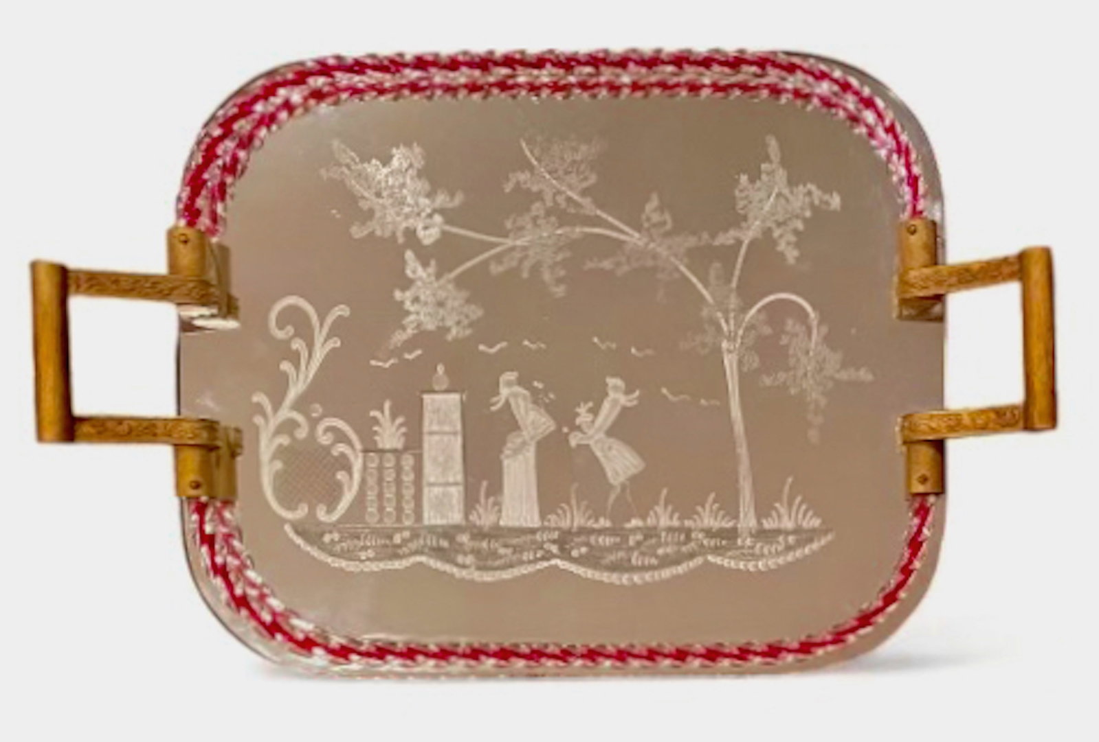 Ercole Barovier Murano Bronze Etched Twisted Roped Mirrored Tray: Designer: Ercole Barovier (Italian, 1889-1974). Vintage Murano Etched Glass Mirrored Serving / Vanity Tray Designed by Ercole Barovier. Gilt bronze double handle tray with threaded red Murano clear gl
