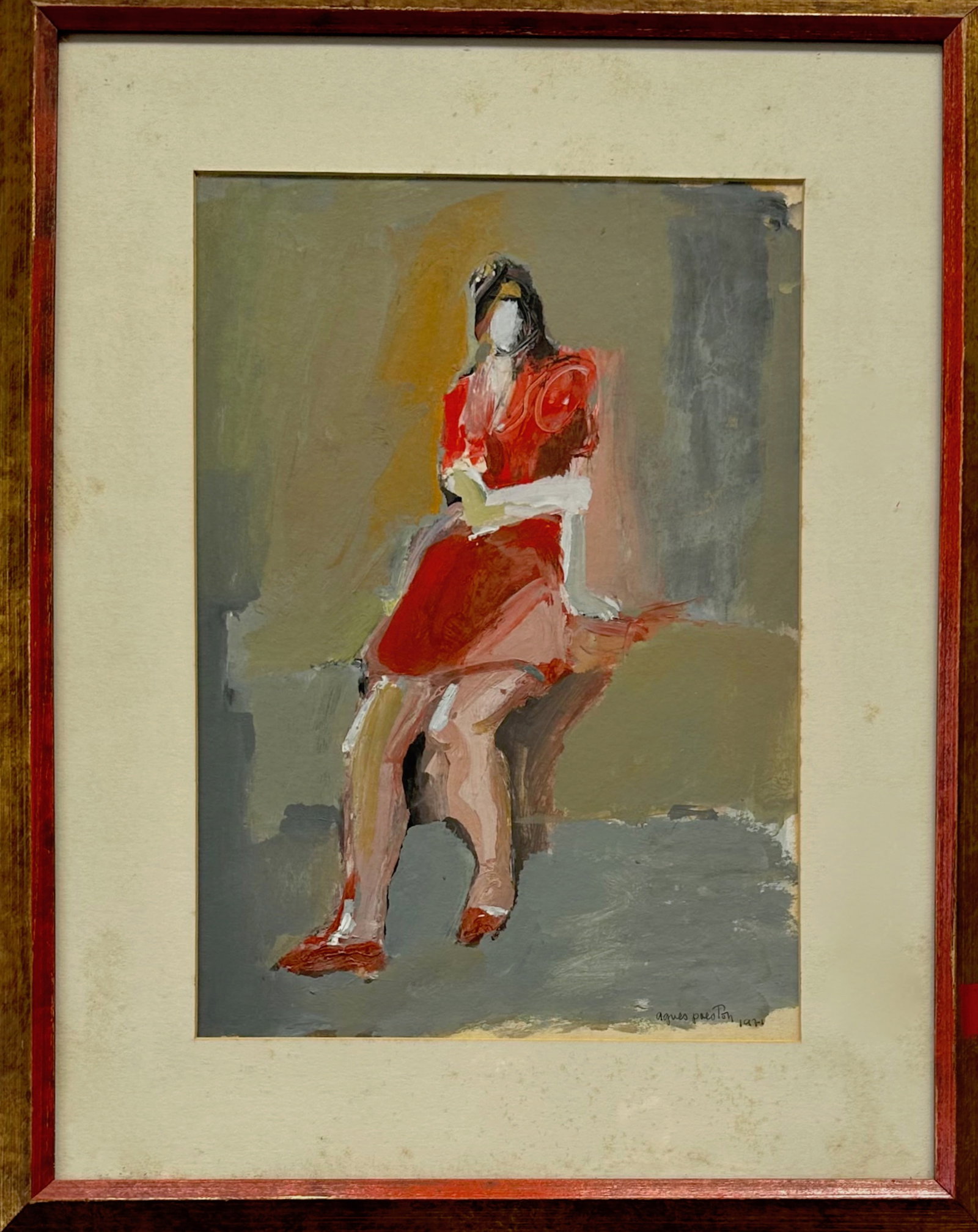 Agnes Preston-Brame (Hungarian, 20th C.) GIRL IN RED, 1971: GIRL IN RED. Agnes Preston figurative painting, signed and dated, Agnes Preston, 1971. Acrylic on paper board. Framed and matted under glass. Dimensions: framed: 19 3/4 in. x 15 1/2 in., sight: 13 in.