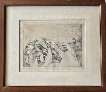 Saul Raskin (Ukranian American, 1878-1966) YOM KIPPUR: Yom Kippur. Saul Raskin etching, pencil signed and titled, Saul Raskin, Yom Kippur (lower margins). Framed and matted under glass. Dimensions: framed: 15 1/4 in. x 17 1/4 in., sight: 8 3/4 in. x 11 in