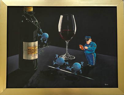 Michael Godard, Giclee on Canvas NERVOUS GRAPES, 2002: WINE AND SPIRITS: ANTHROPOMORPHIC GRAPES. Michael Godard (American, b.1958). Original hand embellished giclee print on canvas, signed by the artist, Goddard in block letters (lower right). Depicts ant