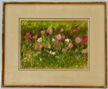 Jane Freilicher (American, 1924-2014) COSMOS & MALLOWS, 1965: Title: Cosmos And Mallow Flowers. Signed and dated by the artist, Jane Freilicher, 1965 (lower right). Original gallery label from Tibor de Nagy on verso. Pastel on paper. Framed and matted under glas