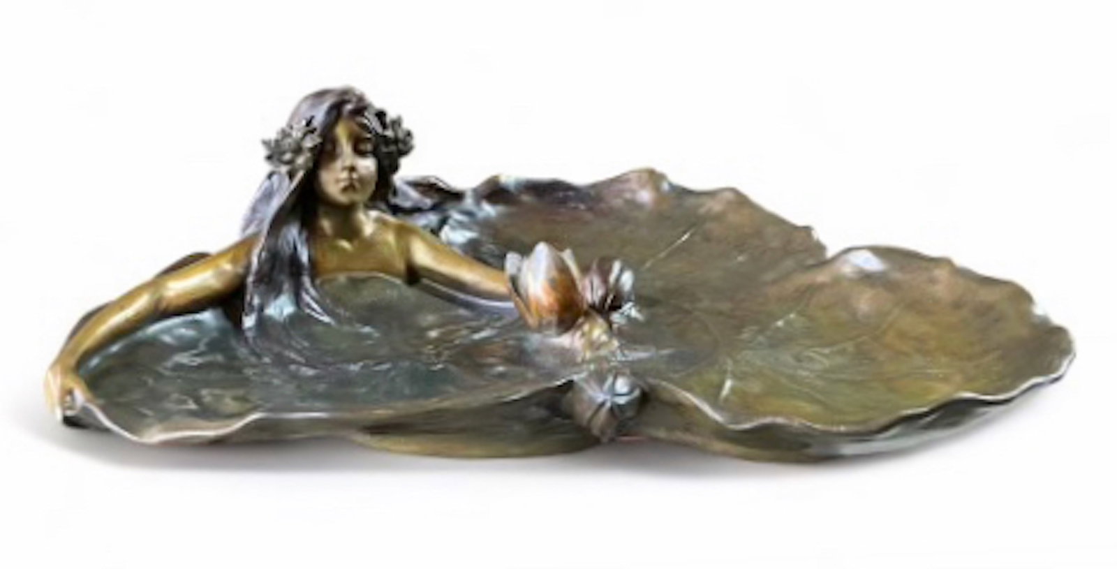 Raoul Francois Larche (French, 1860-1912) Nymph On Lily Pad, c.1900s: Francois-Raoul Larche, Art Nouveau Patinated Bronze Tri-Parte Lily Pad Vanity Tray. Circa 1900s. Incised signature, Raoul Larche, Number 195 (view underside). Depicting a nymph within a lily pad. Dime
