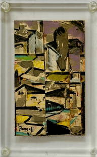 Charles Ragland Bunnell (American, 1897-1968) Abstract Composition,  1941: American abstract collage painting, signed and dated by the artist (Charles Ragland) Bunnell, 41 (lower left). Mixed technique collage on hard paper board. Professionally framed in a clear lucite bloc