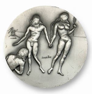 Salvador Dali (1904-1989) TEN COMMANDMENTS Silver Commemorative Coin, 1975: THOU SHALT NOT COVET ANOTHER'S WIFE.Ten Commandment Large Coin, Designed by Salvador Dali in .999 Pure Silver.The font is illustrated with Dali's interpretation of one of the Ten Commandments: THOU