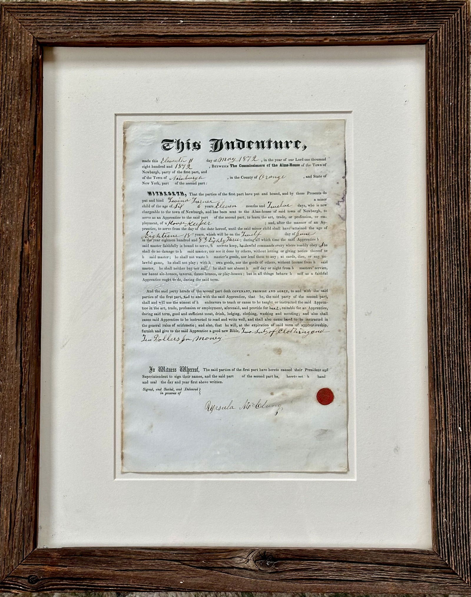 Alms-House Indenture For The Poor, Newburgh, NY, 1872 (1 of 4)