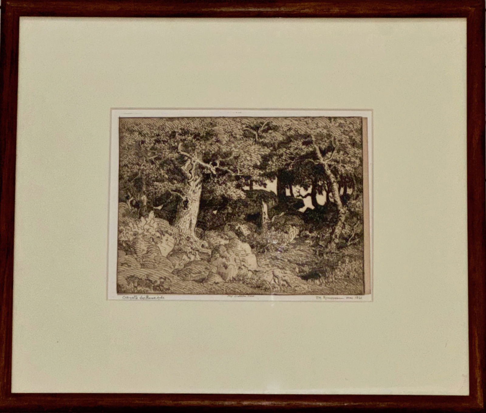 Theodore Rousseau (French, 1812-1867) Chenes de Roche (Rock Oaks), 1861: Theodore Rousseau Etching, Chenes de Roche, 1861. Etching printed in dark brownish black on light tan chine colle, 1861. Signed in the plate. Published by the Gazette des Beaux-Paris. Printed by Delat