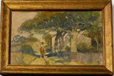 Tong Sarg (American, 1882-1942)  Country Road in Nantucket, 1922: Nantucket Artist Tony Sarg (Anthony Frederick (Tony) Sarg). Country road watercolor, signed and dated by the artist, Tony Sarg, 1922 (lower left). Watercolor on paper. Framed under glass. Dimensions: