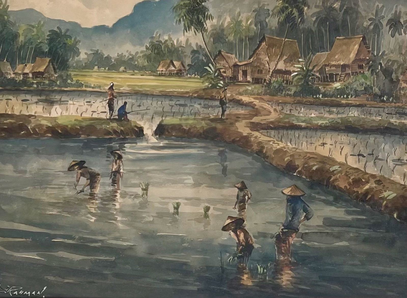 A.J. Rahman (Malaysian, 1922-1995) PADDY-FIELD LANDSCAPE-BERSAWAH c.1960s: BERSAWAH. Malasian Paddy-Field Watercolor painting signed by the artist, A.J. Rahman (lower left). A.J. Rahman, Malaysian 1922-1995 Circa 1960s. View of workers in a village paddy-field landscape. Fra