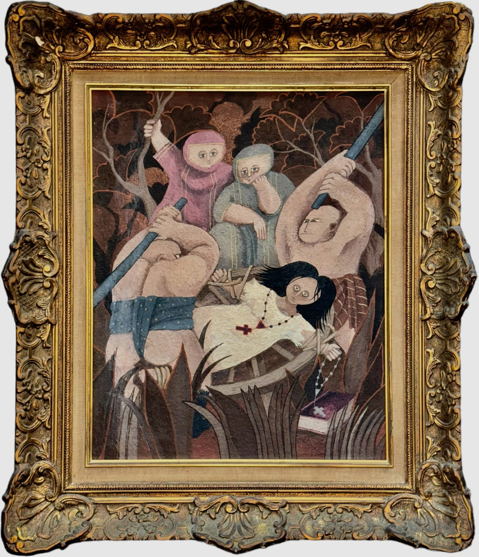 Primitive Folk Art Painting, Natives With Missionary, Signed, 1957: A CONFLICT OF FAITH. Mid-Century Primitive Folk Art Painting. Depicts Natives with Missionary. Artist signed and dated, 1957 (lower right). Oil on board/masonite. Housed in original gilt wood frame. D