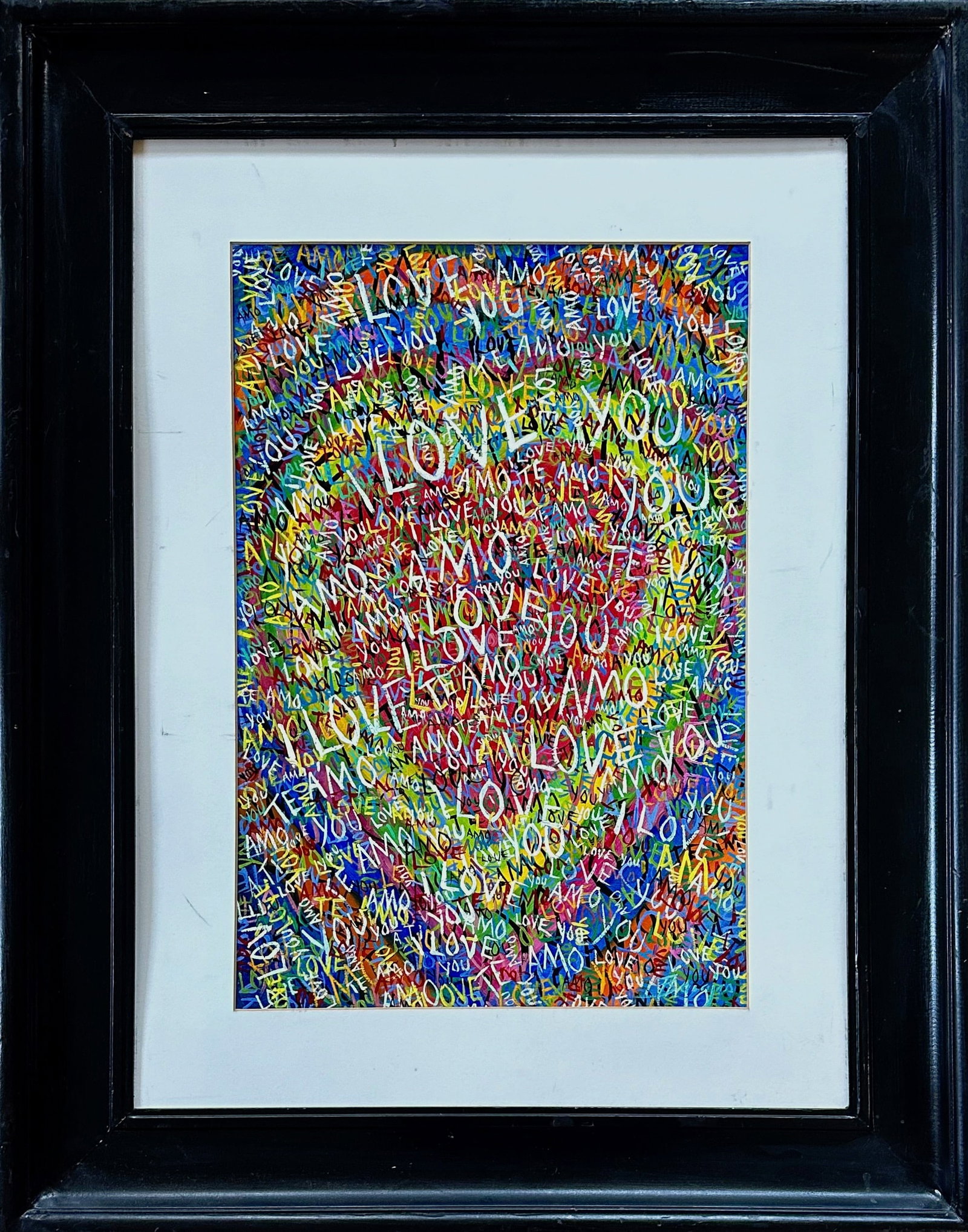 Pop Art Graffiti Painting I LOVE YOU: Vintage Pop Art Graffiti Painting I LOVE YOU. Acrylic on paper board. Framed and matted. Dimensions: framed: 37 inches x 29 1/4 inches, sight: 23 inches x 15 1/2 inches. Condition: good original frame