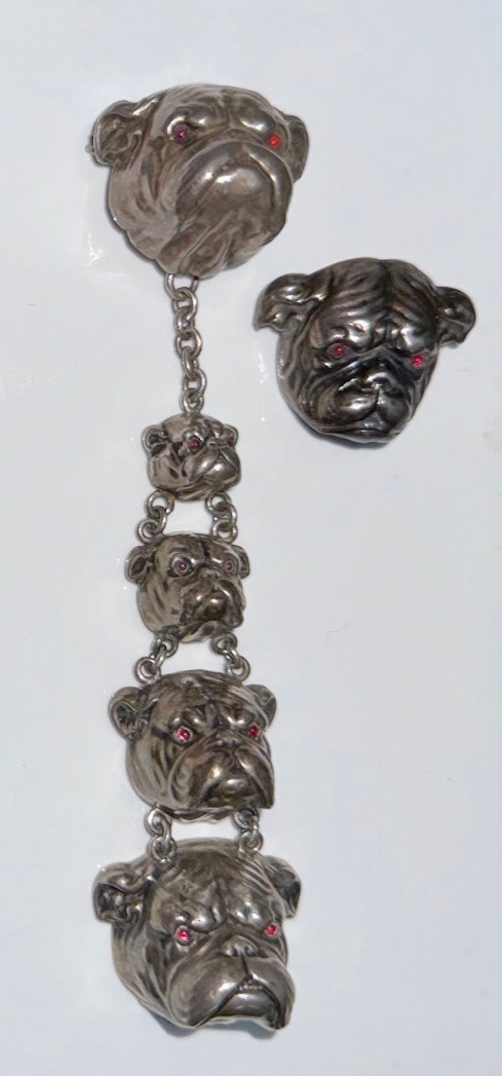 Vintage Antique Sterling Silver Bulldog Pendant/Pins  W/ Ruby Inset Eyes (1 of 6)
