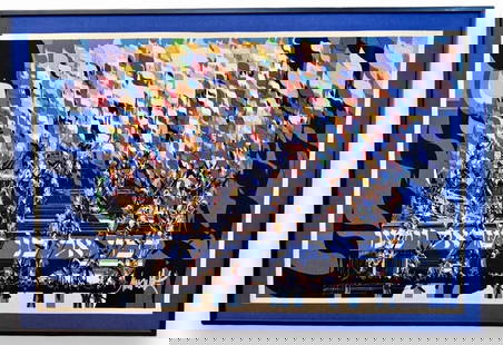 Raymond Moretti (French, 1931-2005) La Traversee de la Mer Rouge, Tapestry: Mid-Century Modern Judaica Framed Tapestry by Raymond Moretti. THE CROSSING OF THE RED SEA. La Traversee de la Mer Rouge. Hand printed wool tapestry. Certificate of Authentication, signed by the artis