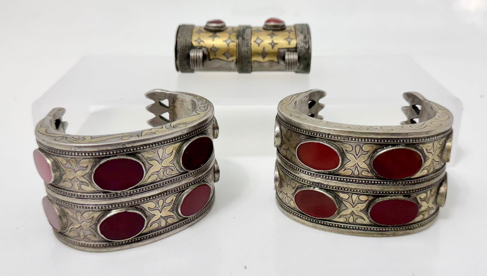 Antique Pair of Silver Turkmen Carnelian Cuff Bracelets and Prayer Amulet (1 of 5)