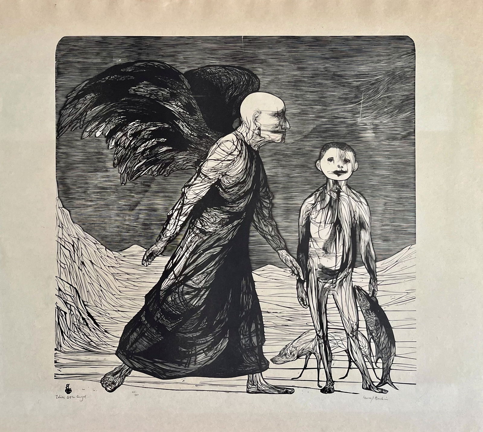 Leonard Baskin (American, 1922-2000) TOBIAS and the ANGEL, 1958: Tobias and the Angel, Wood Engraving. Artist, edition number and title signed in pencil on the lower margins. TOBIAS & THE ANGEL. Limited edition #48/300. LEONARD BASKIN. Additional Artist Stamp (lowe