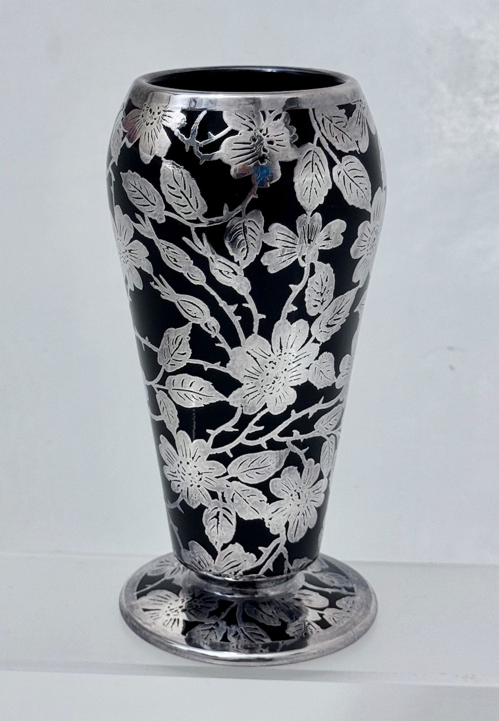 Art Deco Sterling Silver Floral Overlay On Black Amethyst Footed Vase (1 of 6)