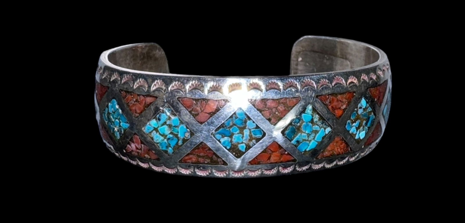 Zuni Turquoise & Coral Inlay Silver Cuff Bracelet,  Artist Signed (1 of 7)
