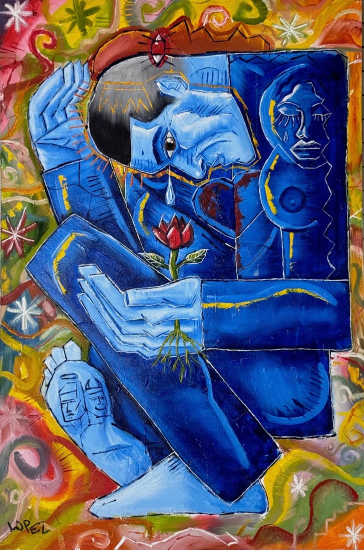 American Abstract Cubist Figurative Painting, Signed Lopez (1 of 4)