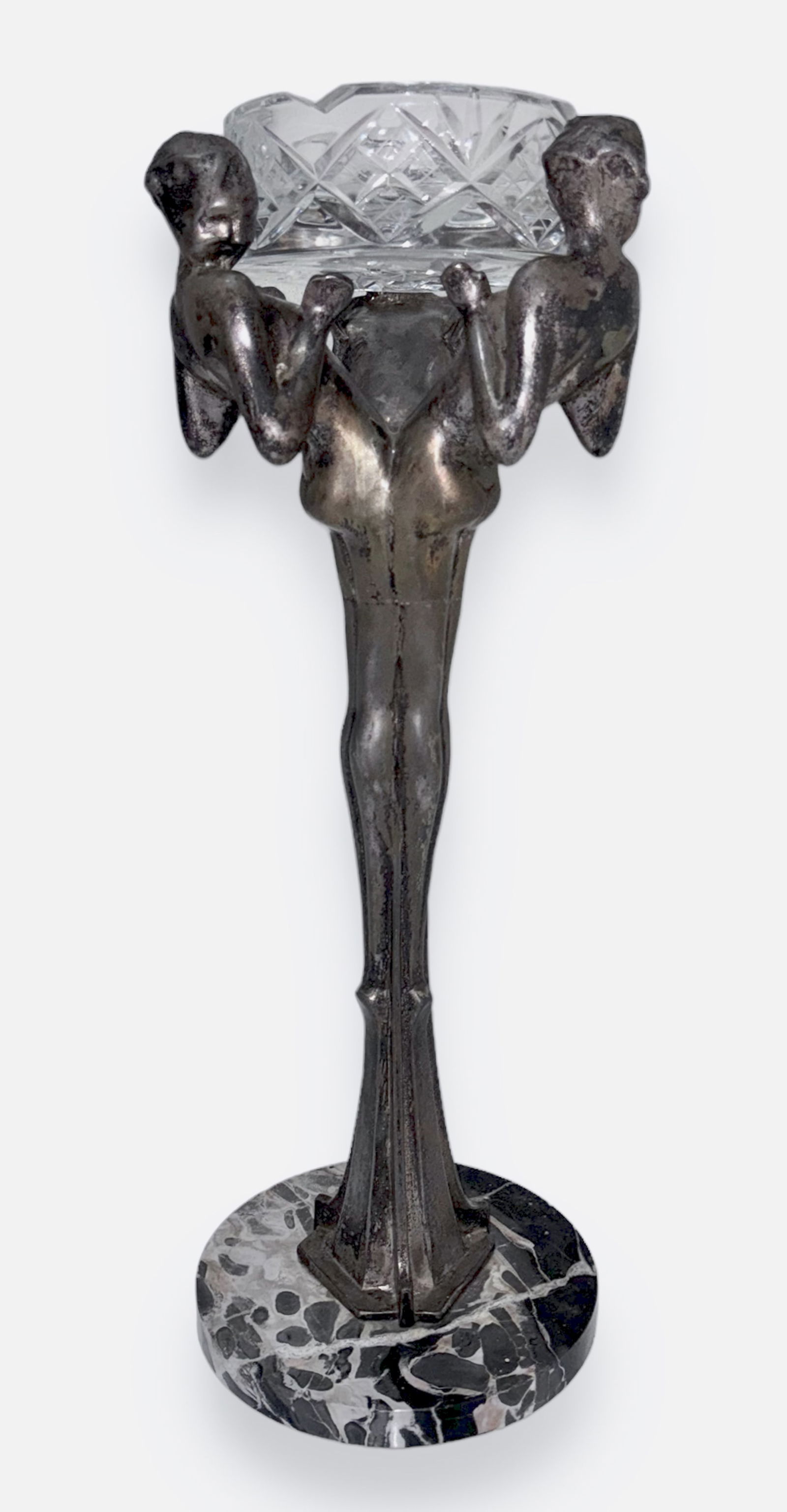 American Art Deco Three Graces Smoker's Stand By Frankart: THREE GRACES. Art Deco Patinated Metal Figural Smoking Stand. Image of three figural nude maidens supporting an ashtray, mounted on circular marble base. Smoking Stand Model #T335. Designed by Arthur