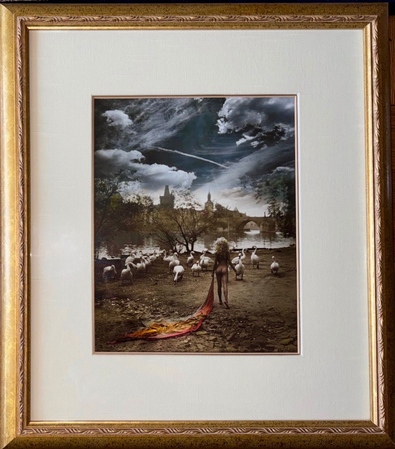 Jan Saudek (Czech, b. 1935) Original Silver Gelatin Print WOMAN WITH SWANS, Signed: Original hand colored gelatin silver print signed by photographer, Jan Saudek (lower right). This photo was used as a cover art for David Hazaltine Trio's ALICE IN WONDERLAND album. Depicts nude woman